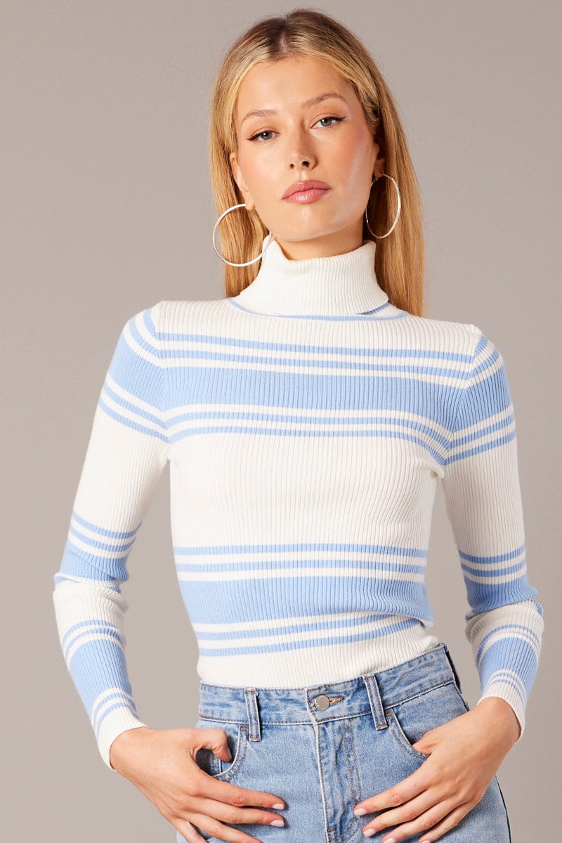 Blue Stripe Knit Top Long Sleeve High Neck