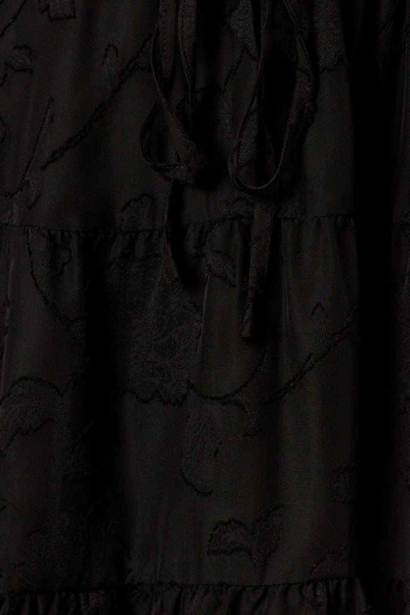 Black Fit And Flare Dress Puff Sleeve Burnout Fabric