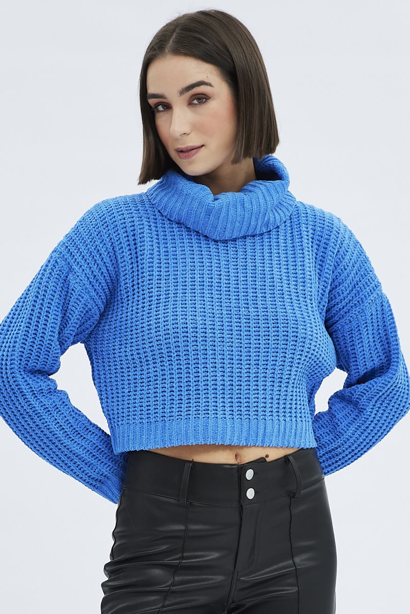 Blue Knit Jumper Turtle Neck Chenille