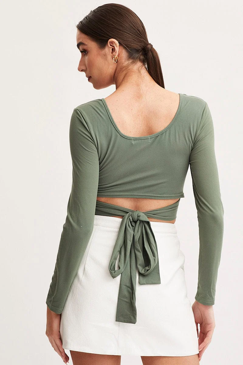 Green Tie Back Top Long Sleeve Crop