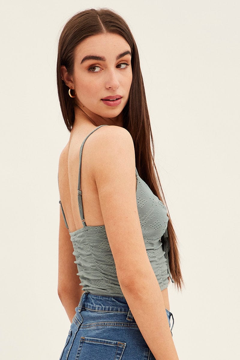 Green Lace Keyhole Rushed Cropped Cami