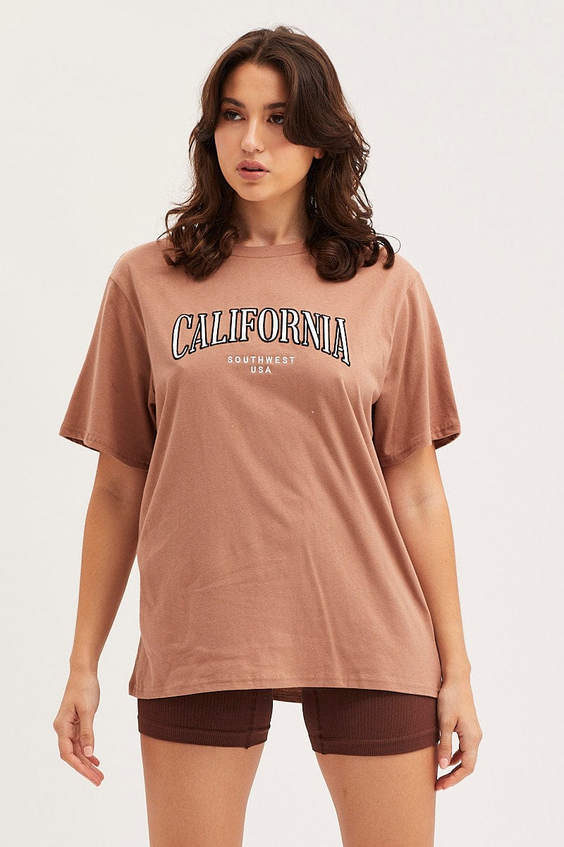 Brown Graphic T Shirt Embroided