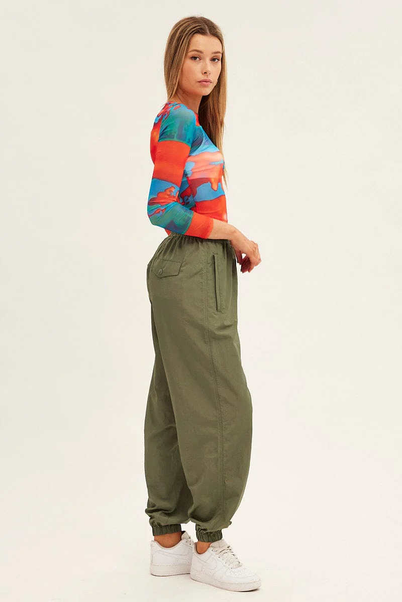 Green Parachute Cargo Pants Mid Rise