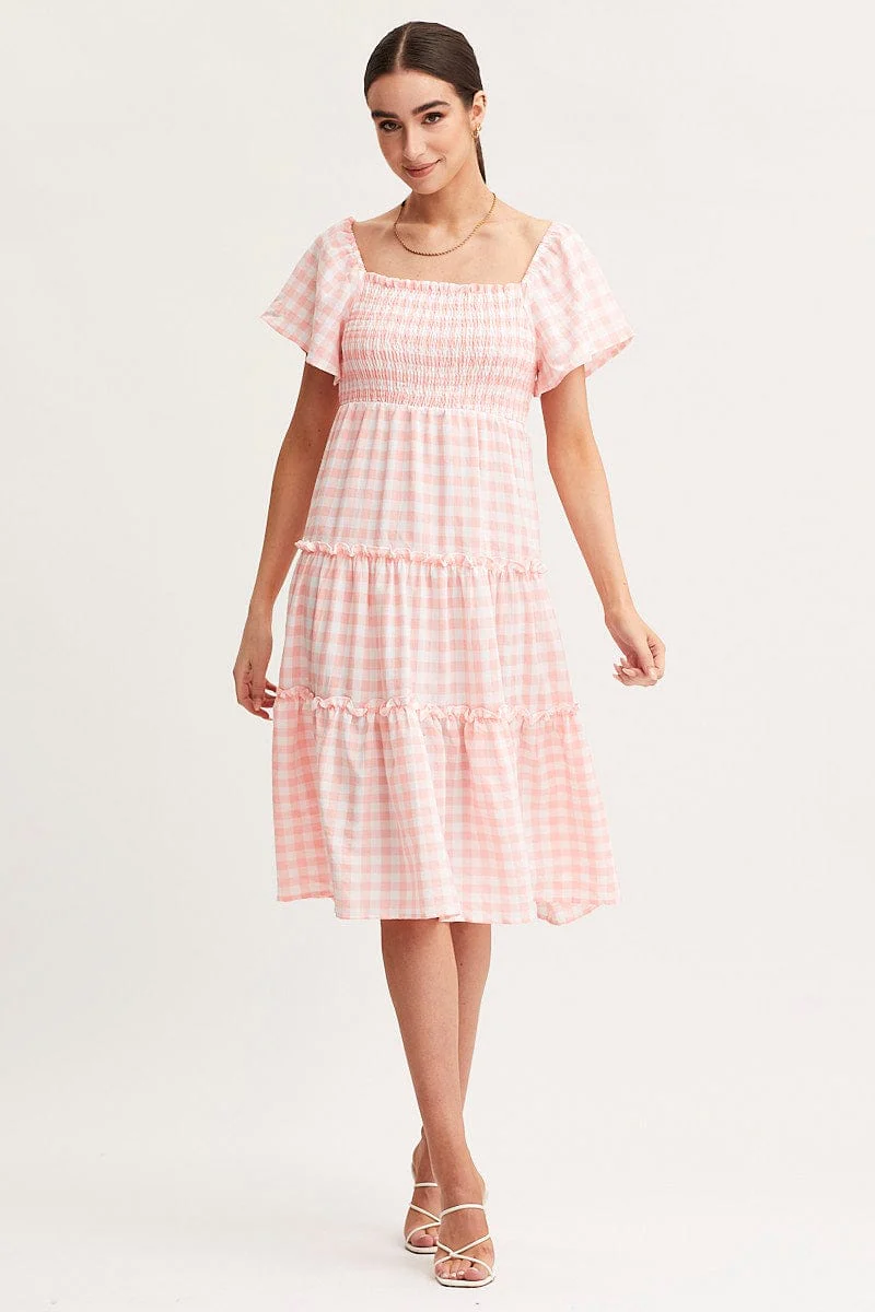 Check Dress Short Sleeve Midi