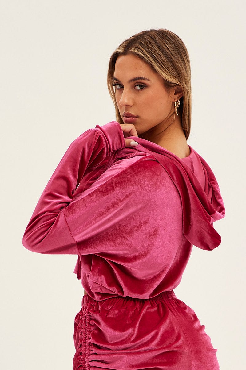 Hot Pink Velvet Jacket Long Sleeve Hoodie