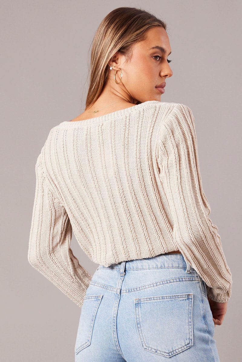 Beige Knit Cardigan Long Sleeve