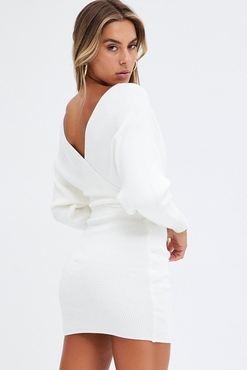 White Knit Dress Long Sleeve Wrap