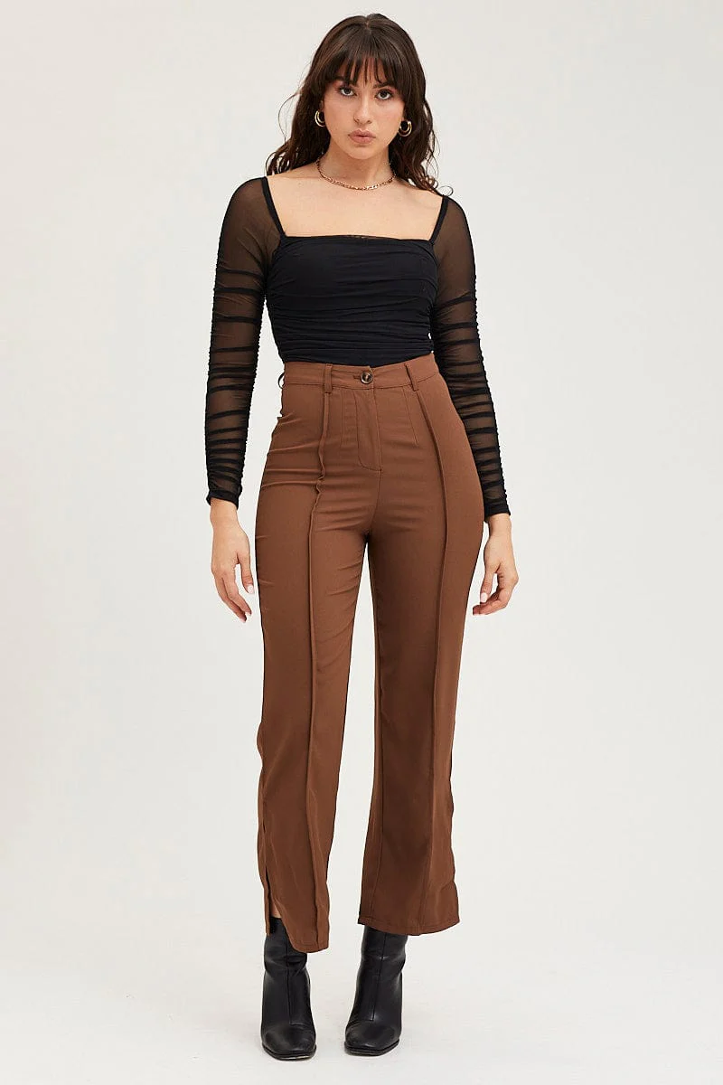 Brown Wide Leg Pants High Rise