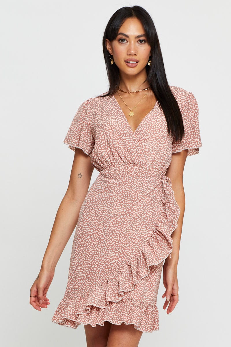 Geo Print Wrap Dress Short Sleeve V Neck