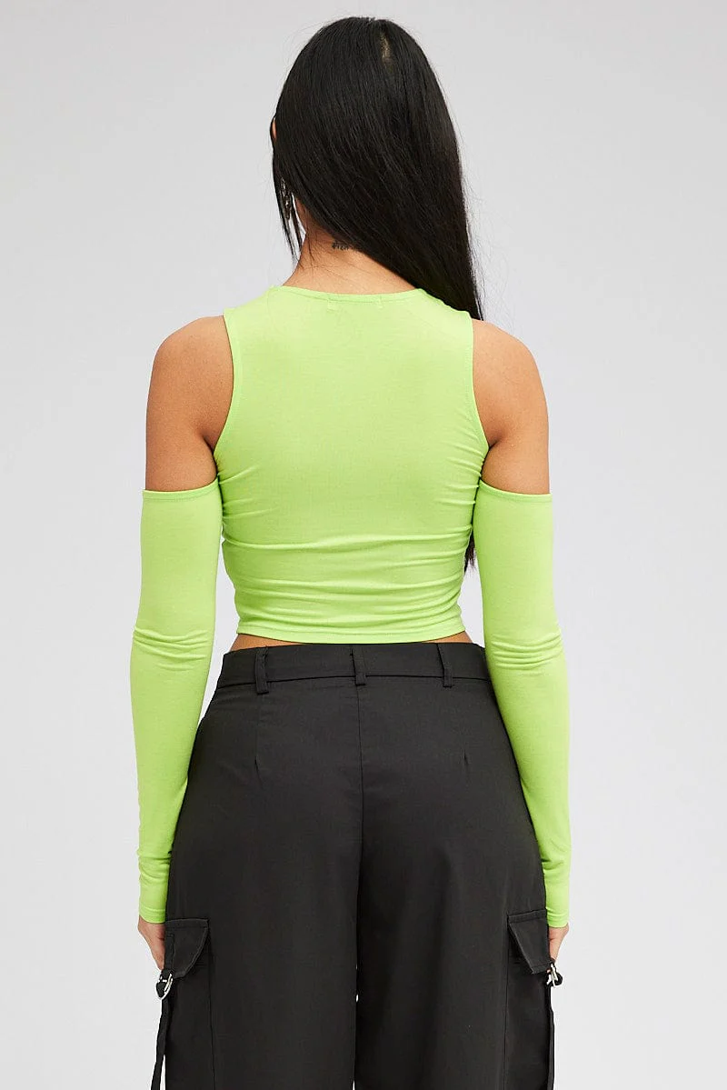 Green Top Long Sleeve Mock Neck Cold Shoulder Jersey