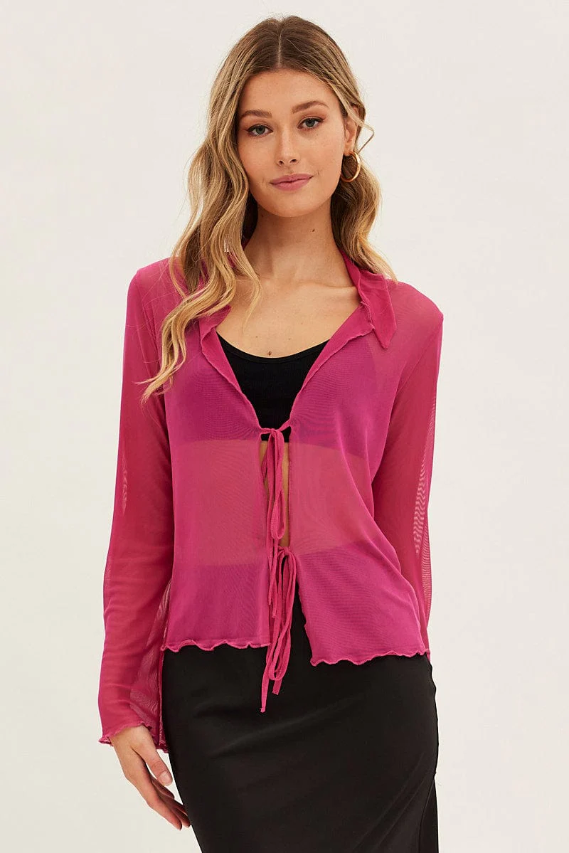 Pink Mesh Cardigan Long Sleeve