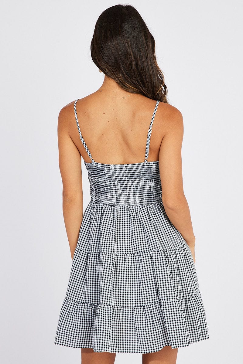 Black Check Fit and Flare Dress Sleeveless Tiered