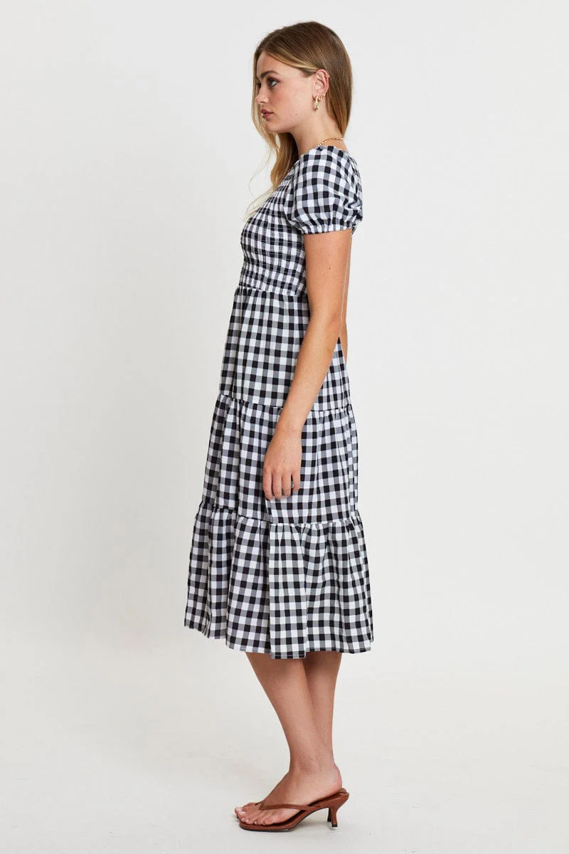 Check Midi Dress One Shoulder Short Sleeve