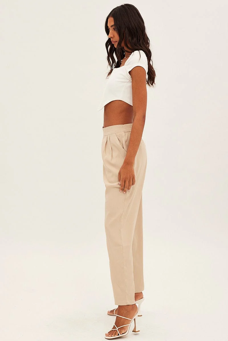 Beige Bone Pleated Waistband Detail Tailored Pant