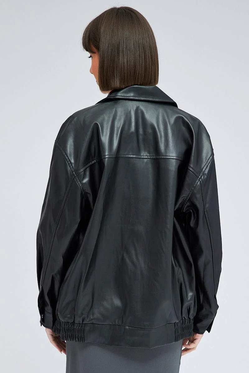 Black Faux Leather Jacket Long Sleeve