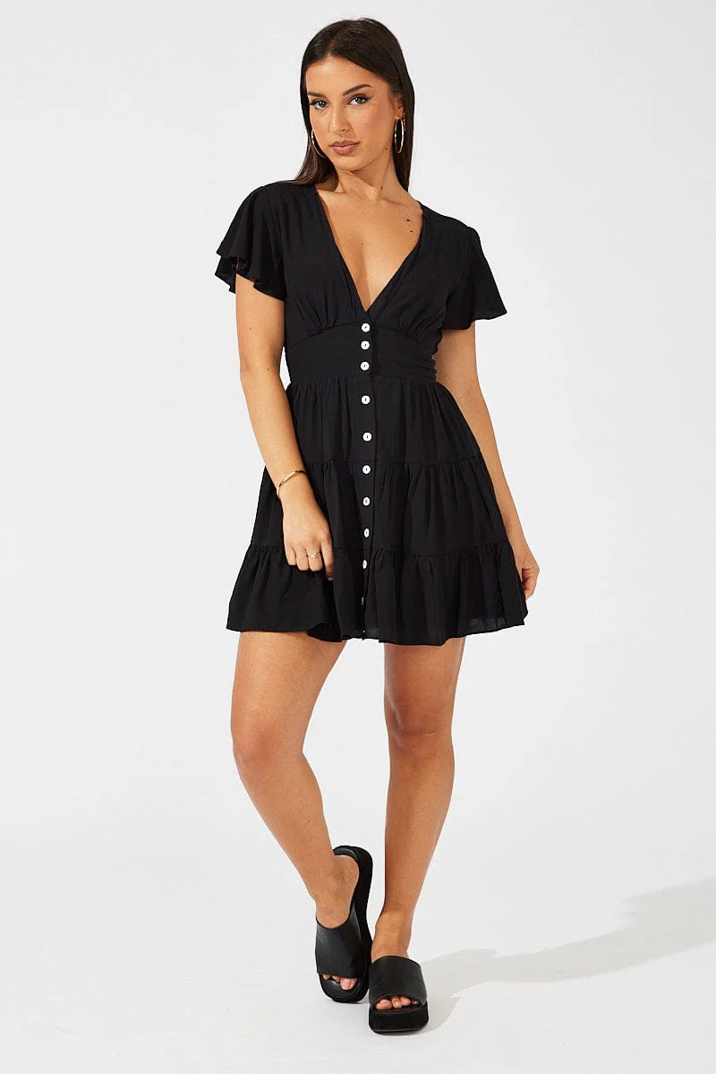 Black Fit And Flare Dress V-neck Mini