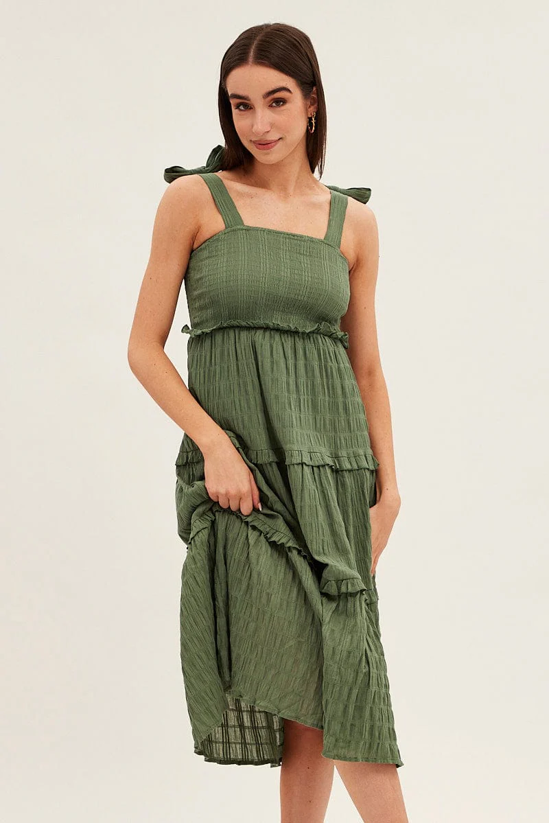 Green Midi Dress Sleeveless Shirred Texture Cotton