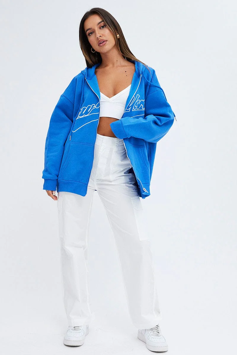 Blue Hoodie Zip Long Sleeve New York Embroidery