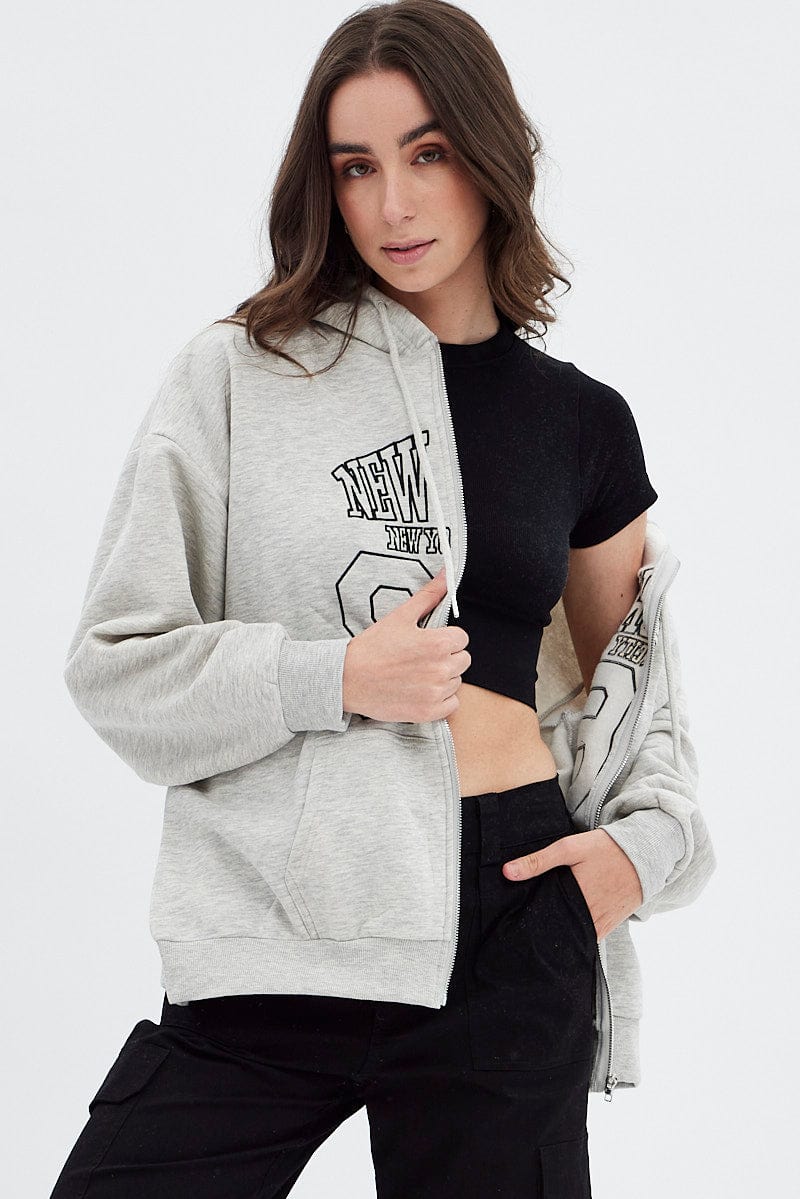 Grey Hoodie Zip Long Sleeve New York Embroidery