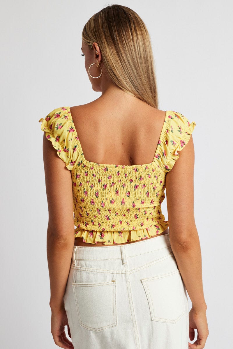 Yellow Floral Puff Sleeve Top Short Sleeve