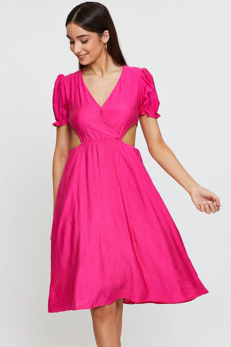 Pink Midi Dress Short Sleeve V Neck