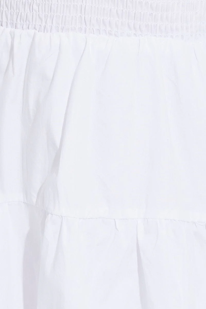 White Skater Dress Short Puff Sleeve V Neck Cotton