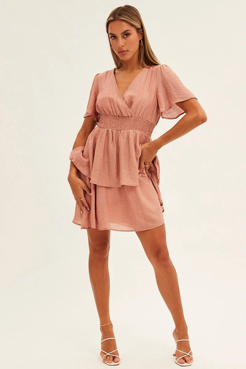 Pink Tiered Dress Flutter Sleeve Wrap Front Tiered Hem