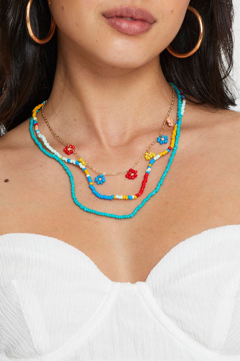 Multi Beaded Flower Multi Necklace
