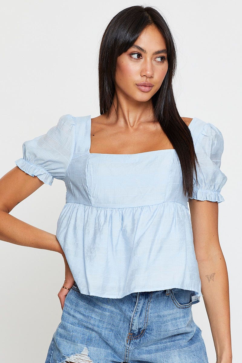 Blue Peplum Top Short Sleeve