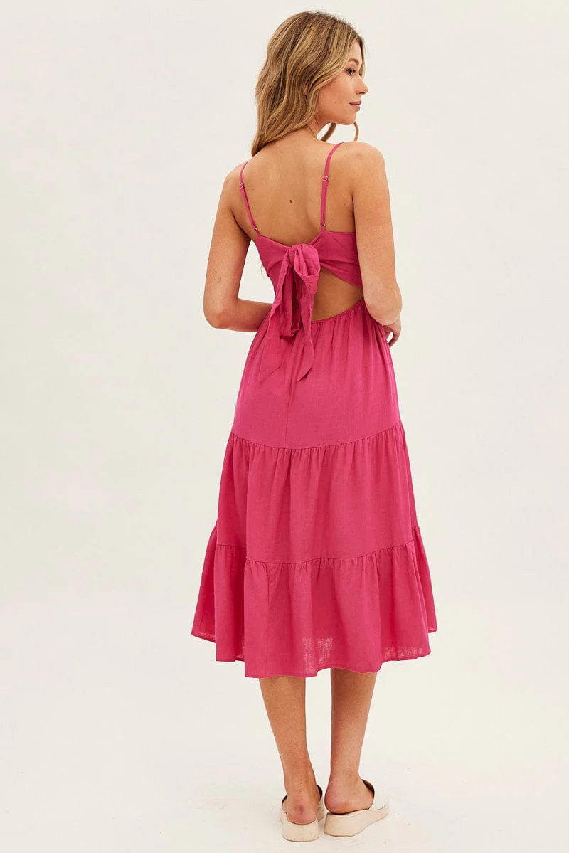 Pink Midi Dress Sleeveless V Neck Tiered Linen Blend