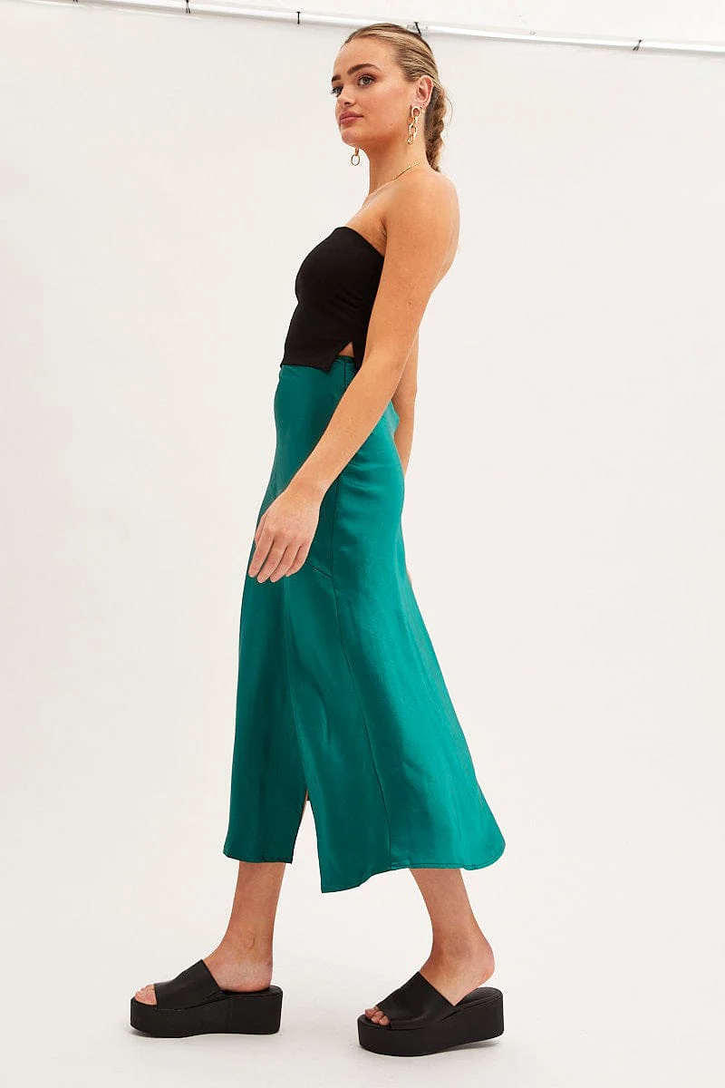 Teal Slip Skirt Satin Midi