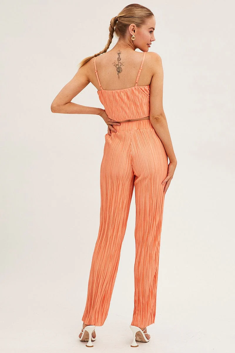 Orange Plisse Pants Wide Leg