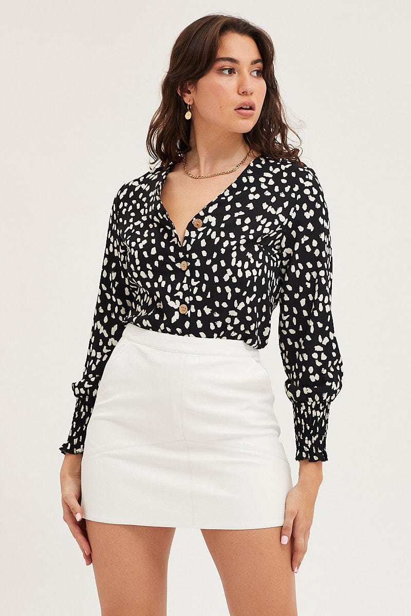 Geo Print Button Front Top Long Sleeve V-Neck