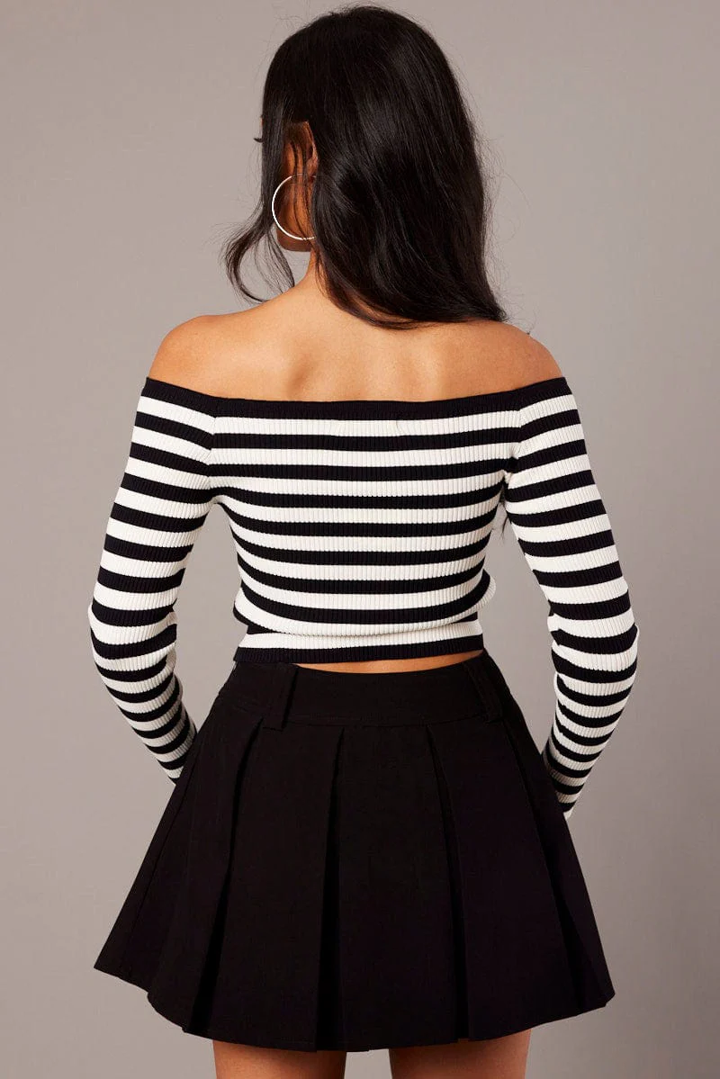 White Stripe Knit Top Long Sleeve Off Shoulder