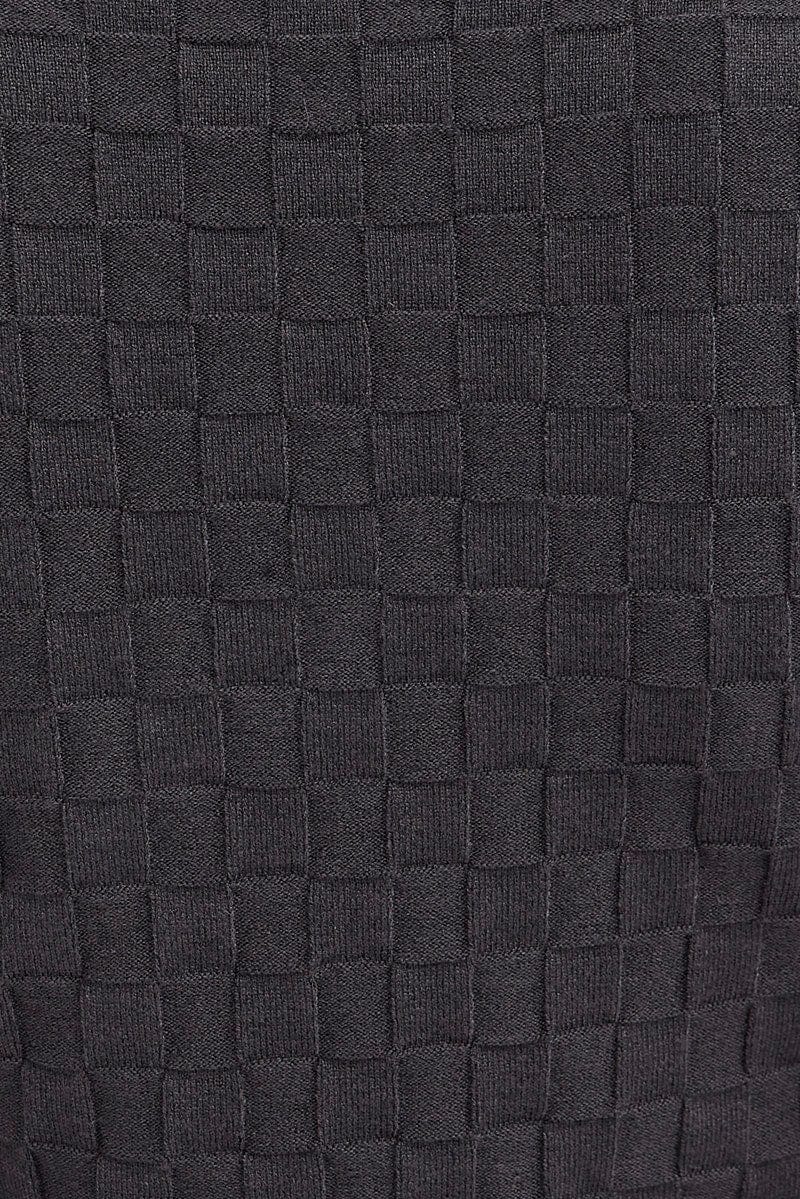 Grey Knit Top Long Sleeve High Neck Crop Checker Stitch