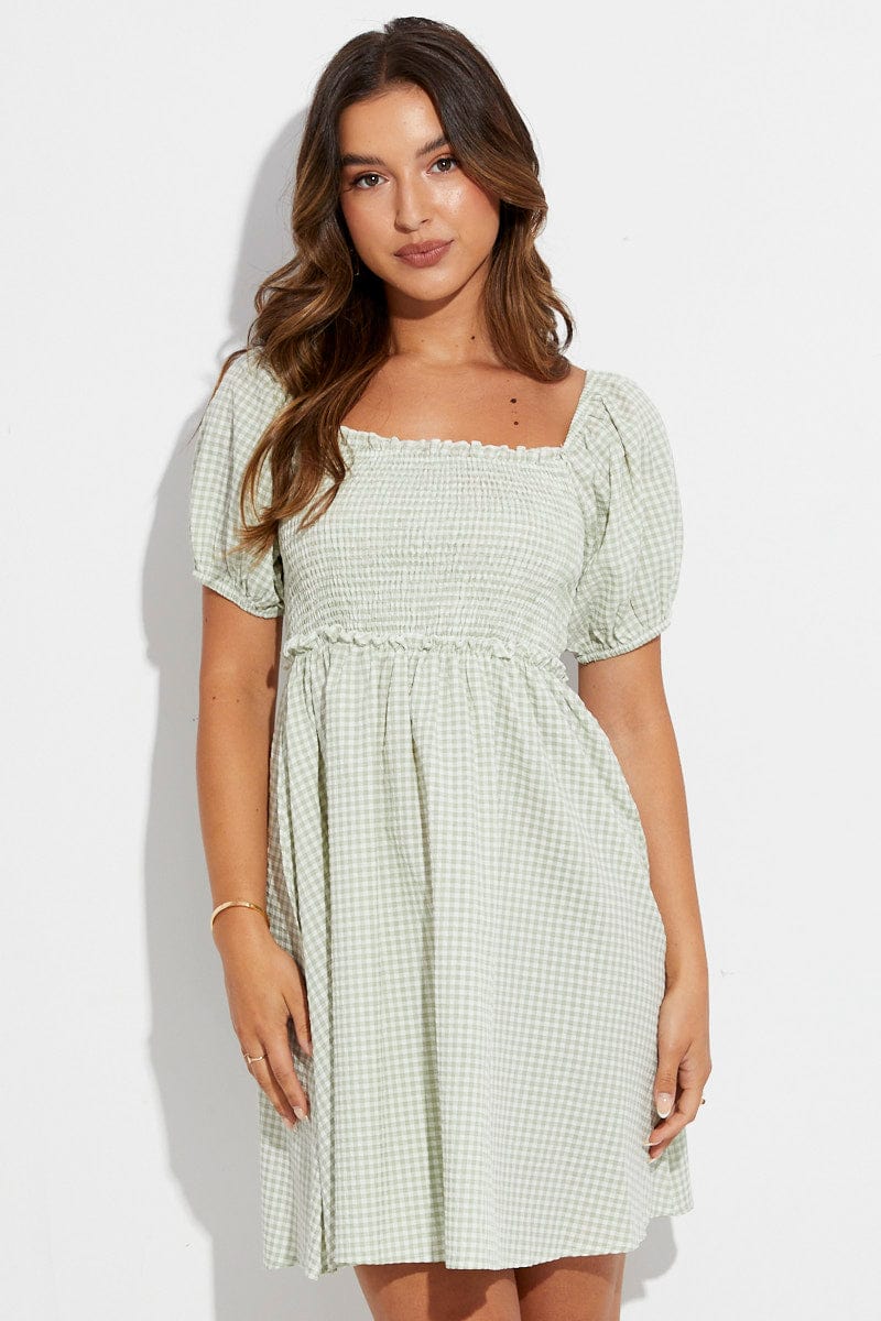 Green Check Fit And Flare Dress Short Sleeve Back Lace Up