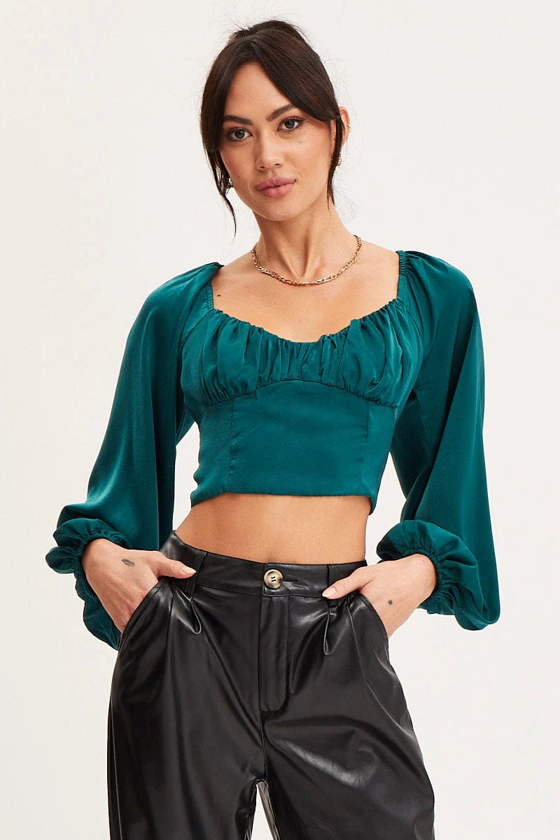 Green Puff Sleeve Top Long Sleeve Crop Satin