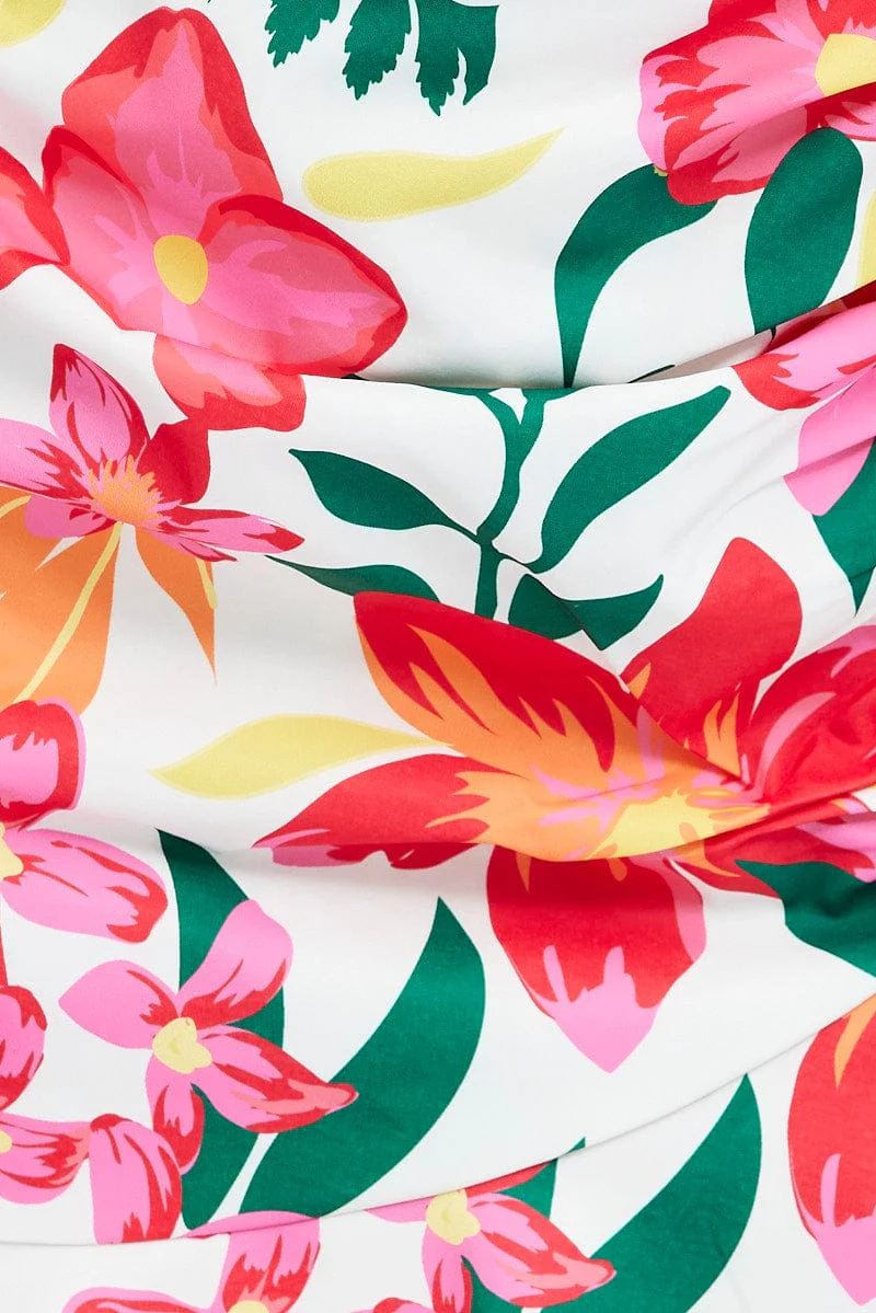 Multi Floral Gathered Skirt Mini Length Ruffle Detail