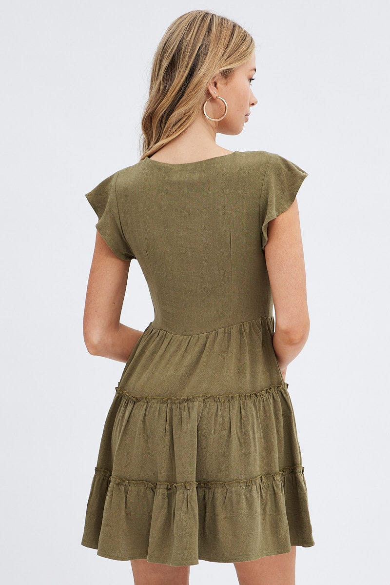 Green Fit and Flare Dress Short Sleeve V-Neck