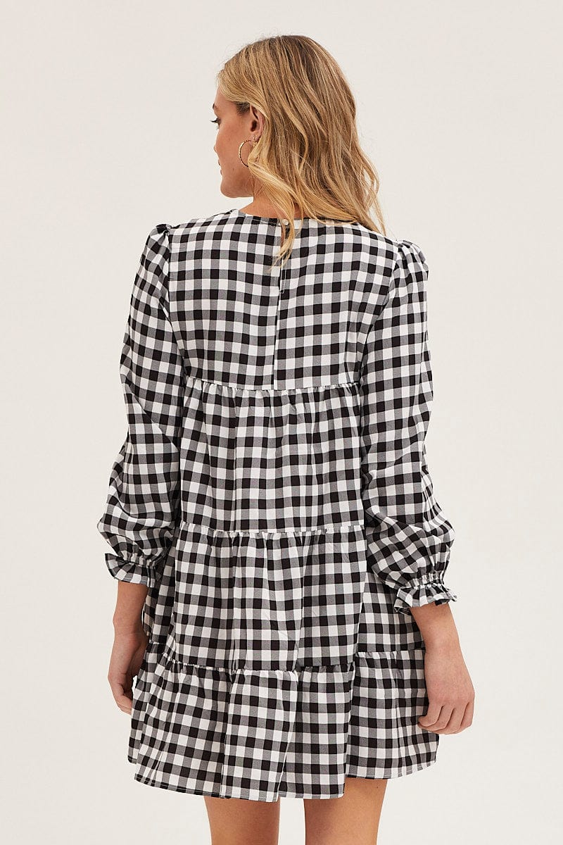 Check Mini Dress Long Sleeve Round Neck