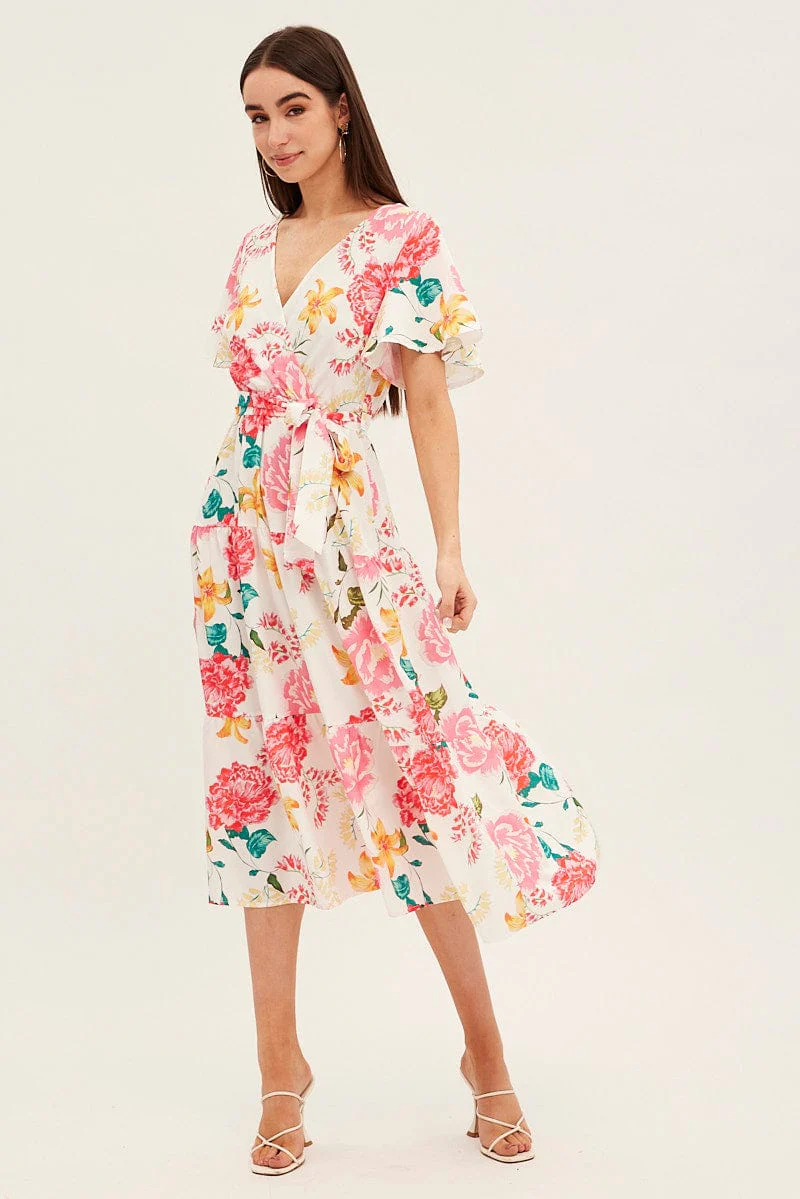 White Floral Tie Waist Tiered Midi Dress