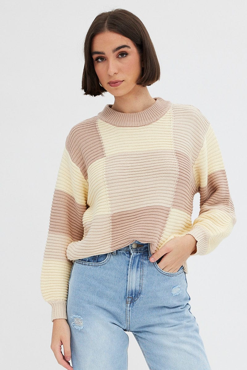 Beige Knit Top Round Neck Long Sleeve Patchwork