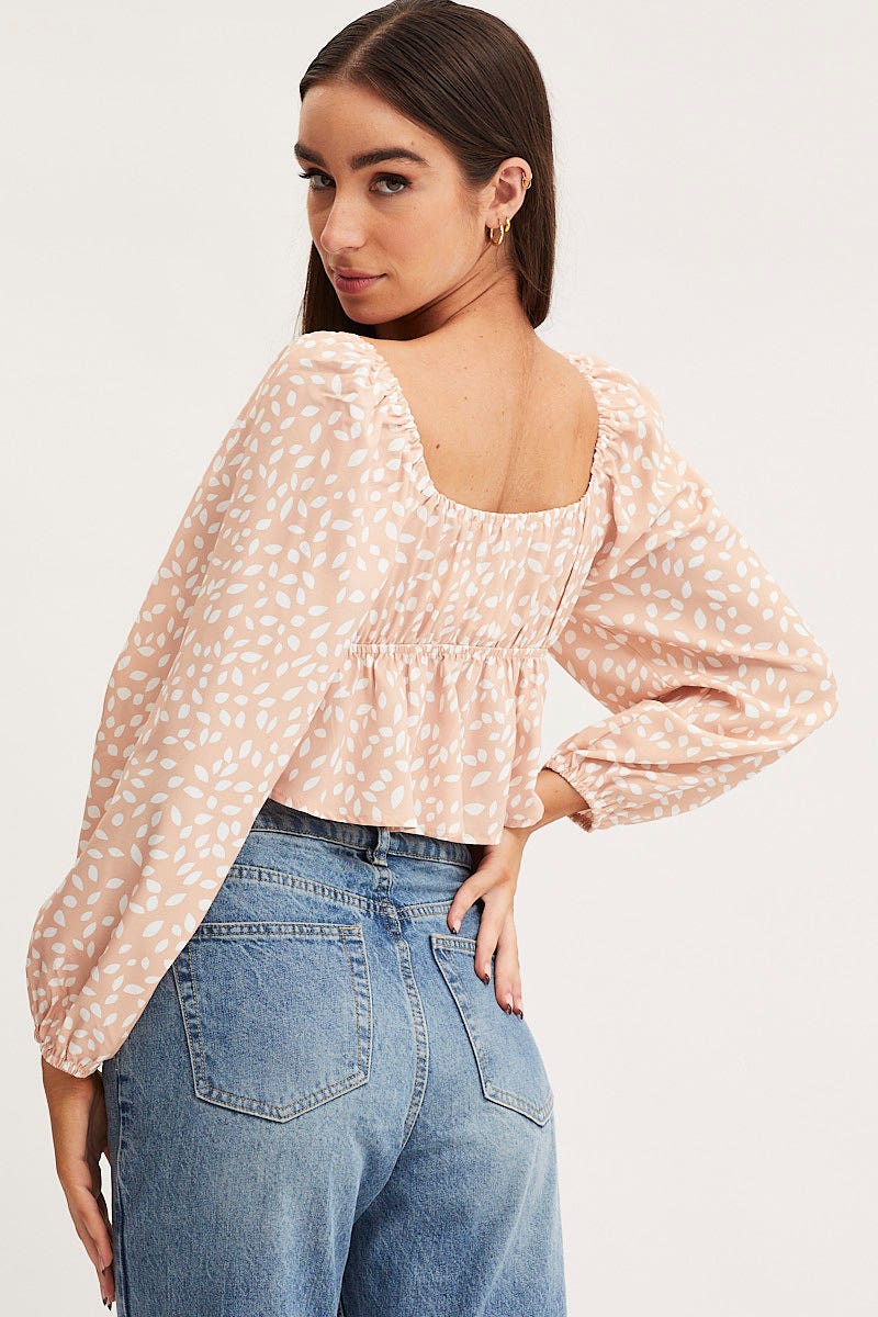 Print Tie Front Top Long Sleeve Crop