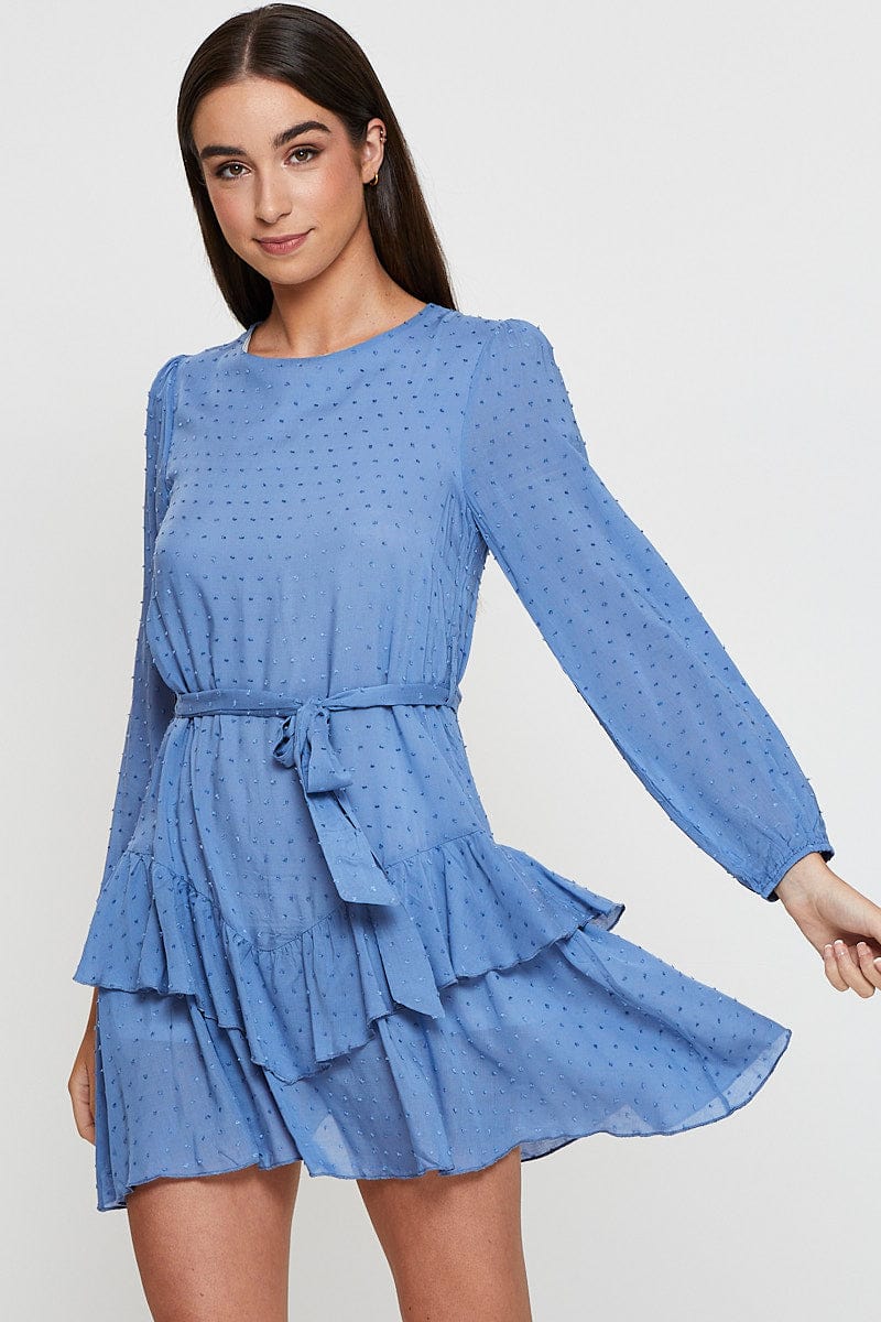 Blue Mini Dress Long Sleeve Round Neck