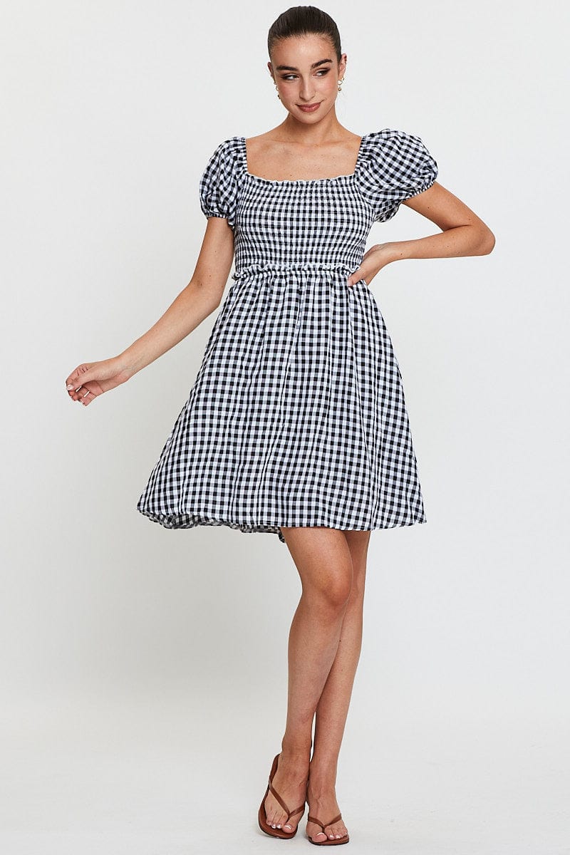 Check Mini Dress Short Sleeve Square Neck
