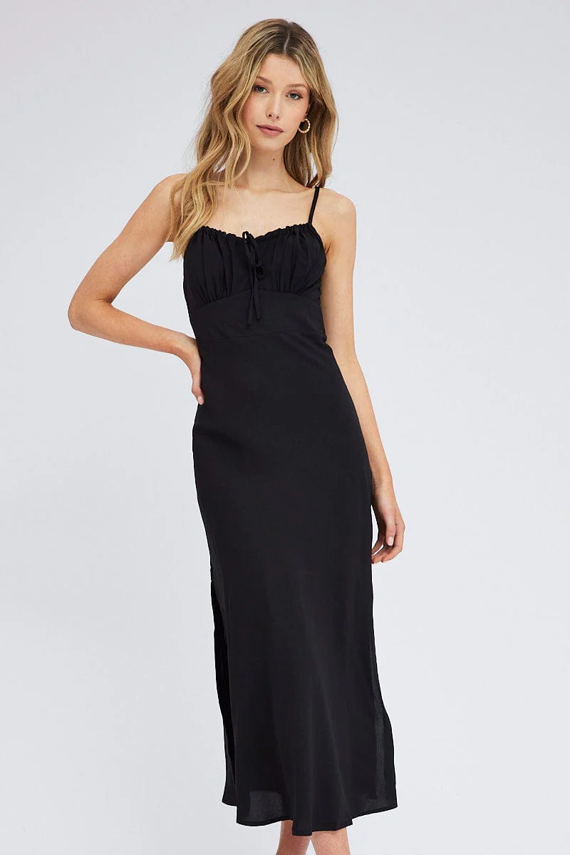 Black Midi Dress Gathering Bust Sleeveless
