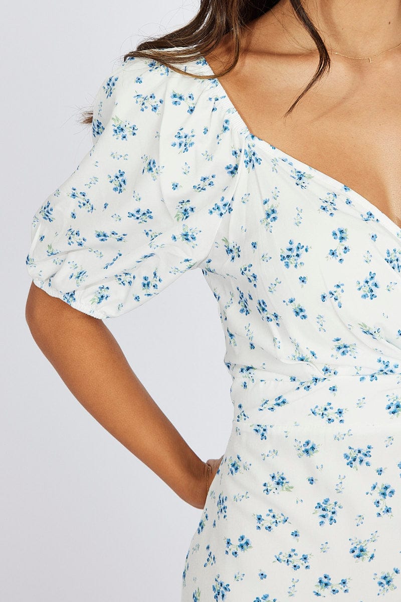 White Floral Midi Dress Puff Sleeve