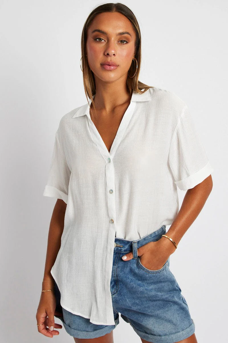 White Textured Shirt Short Sleeve