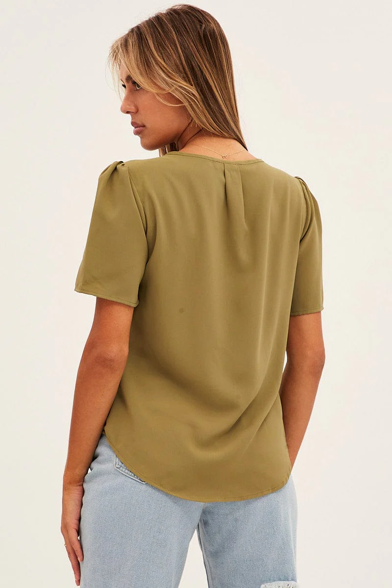 Green Workwear Printed V Neck Short Sleeve Top