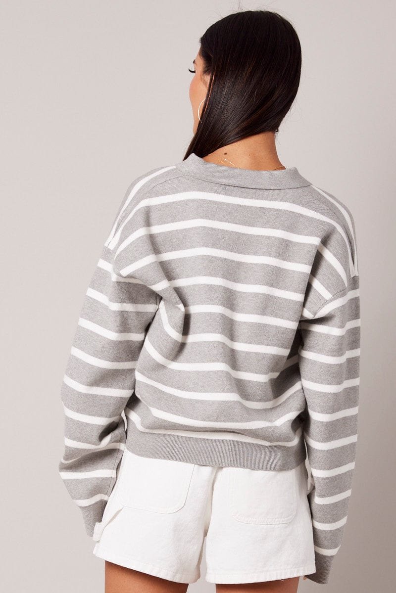 Grey Stripe Knit Top Long Sleeve Collar